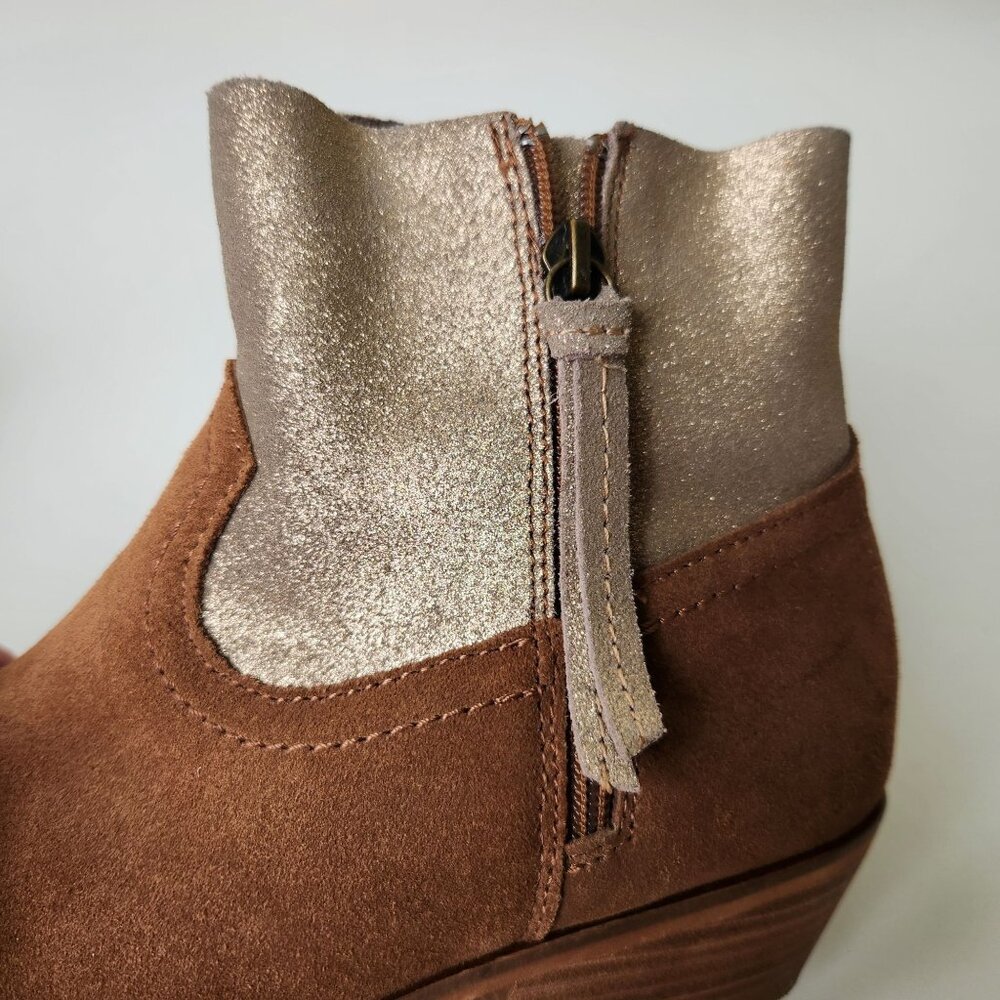 Frye & Co. Rubie Cognac Suede & Metallic Rose Gold Ankle Boots Western Rodeo - Picture 4 of 10